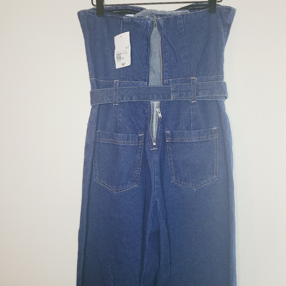 Forever 21 Belted Strapless Denim Jumpsuit Women Small Wide-leg Zip Pocket FLAW - Picture 11 of 15